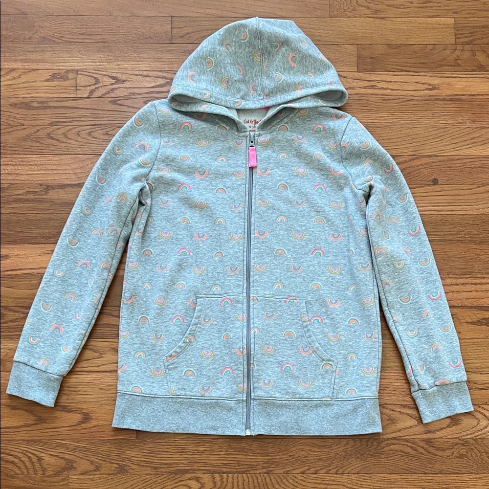 Cat & Jack girls heather grey w/ rainbows zip fleece hoodie sweatshirt XL 14/16